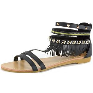 Alpine Swiss Black Fringe Beaded Ankle-Strap Sandals